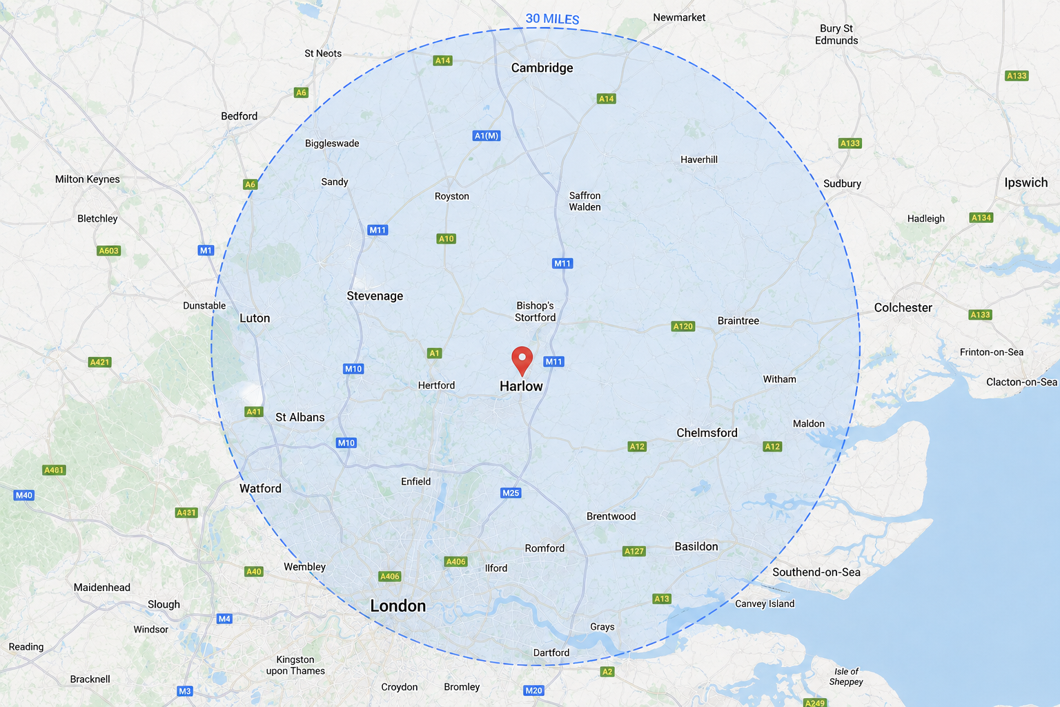 Map showing a 30-mile service radius around Harlow covering Essex, Hertfordshire and North & East London